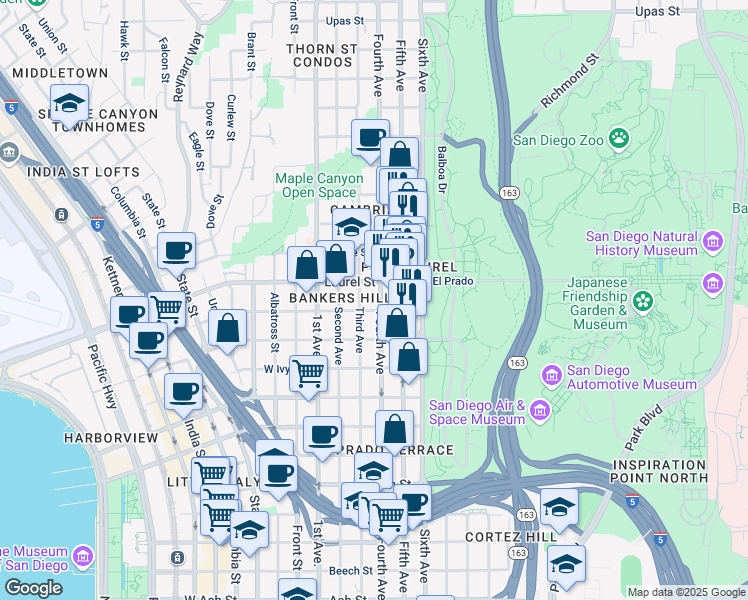map of restaurants, bars, coffee shops, grocery stores, and more near in San Diego