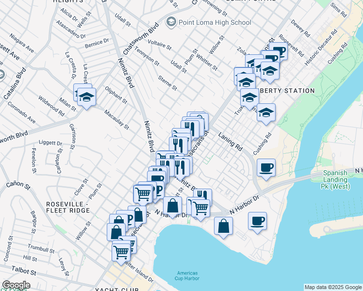 map of restaurants, bars, coffee shops, grocery stores, and more near 3022 Newell Street in San Diego