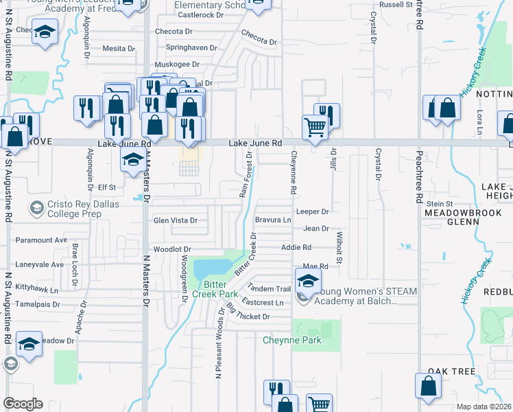 map of restaurants, bars, coffee shops, grocery stores, and more near 10574 Happy Hollow Lane in Dallas