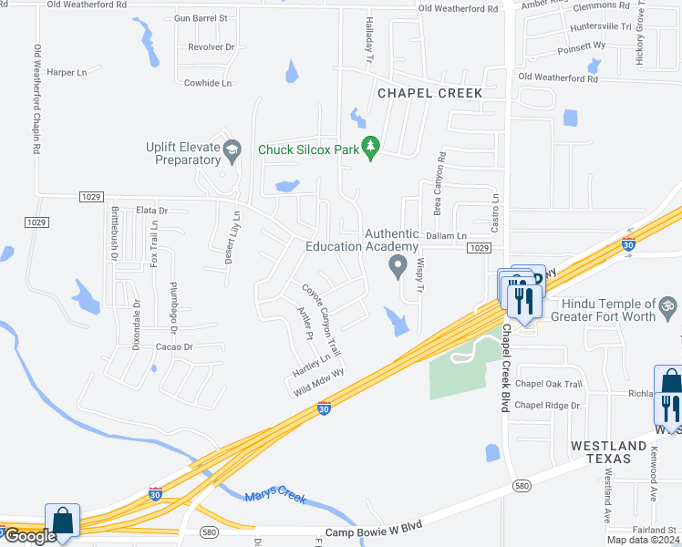 map of restaurants, bars, coffee shops, grocery stores, and more near 2928 Early Fawn Court in Fort Worth