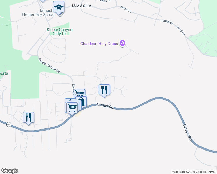 map of restaurants, bars, coffee shops, grocery stores, and more near 3316 Del Charro Road in Jamul