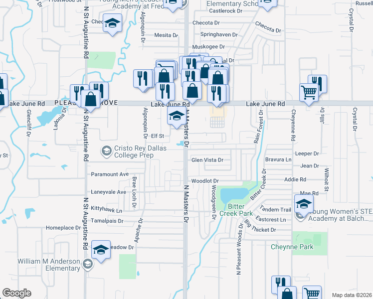map of restaurants, bars, coffee shops, grocery stores, and more near 10121 Budtime Lane in Dallas