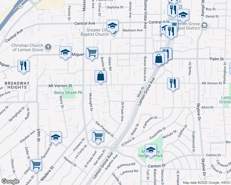 map of restaurants, bars, coffee shops, grocery stores, and more near 2358 El Prado Avenue in Lemon Grove