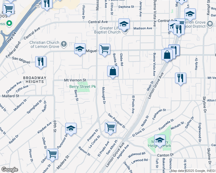 map of restaurants, bars, coffee shops, grocery stores, and more near 2363 Mcknight Drive in Lemon Grove