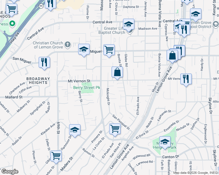 map of restaurants, bars, coffee shops, grocery stores, and more near 2363 Mcknight Drive in Lemon Grove