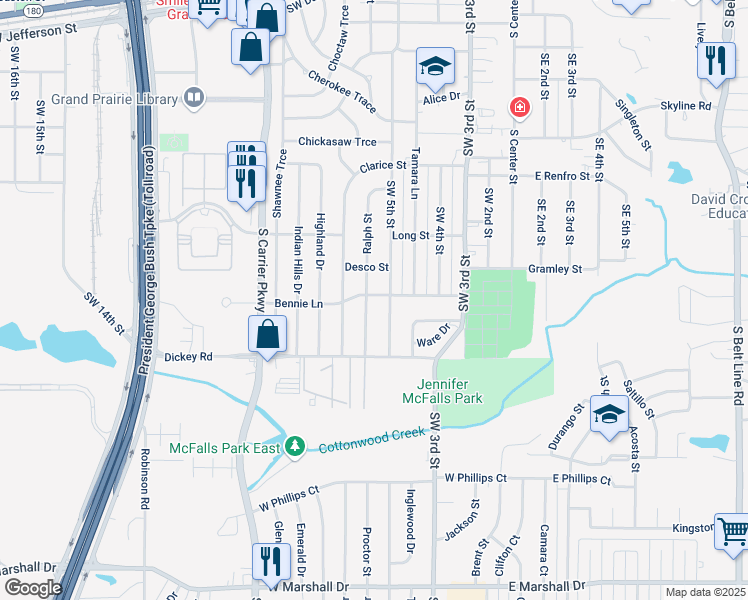map of restaurants, bars, coffee shops, grocery stores, and more near 1106 Southwest 5th Street in Grand Prairie