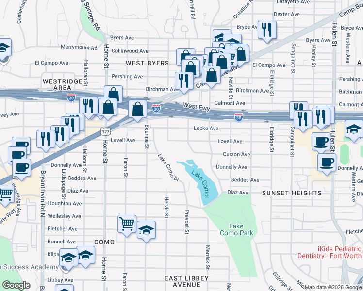 map of restaurants, bars, coffee shops, grocery stores, and more near 5300 Lovell Avenue in Fort Worth