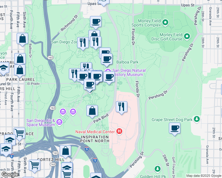 map of restaurants, bars, coffee shops, grocery stores, and more near 1875 El Prado in San Diego