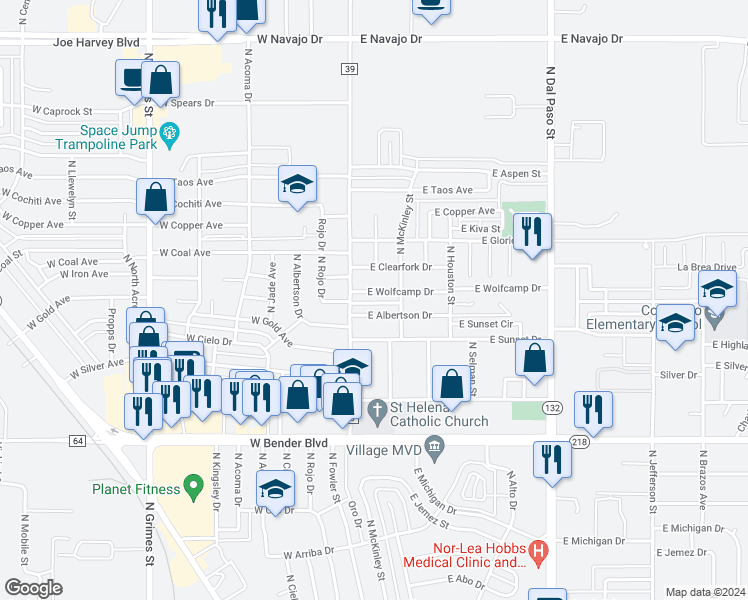 map of restaurants, bars, coffee shops, grocery stores, and more near 105 East Wolfcamp Drive in Hobbs
