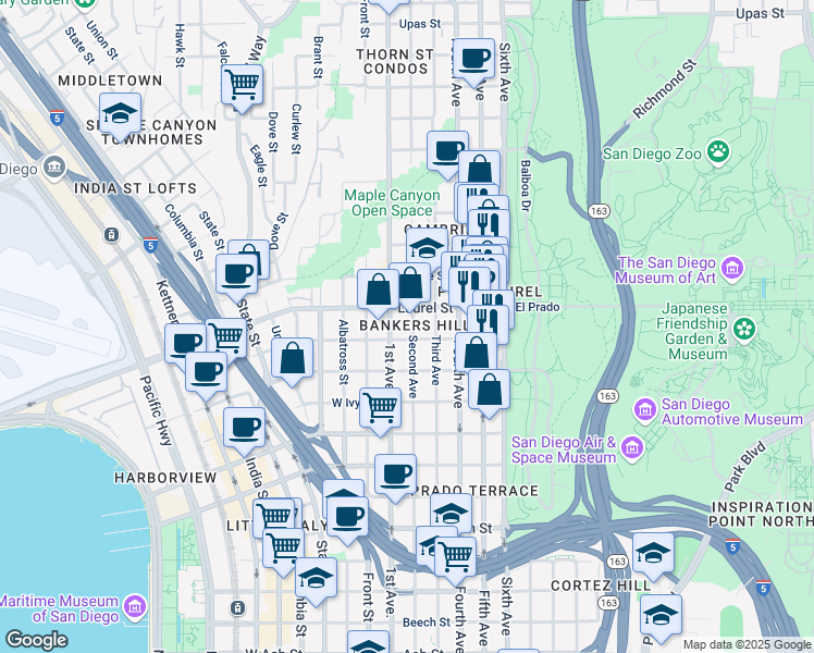 map of restaurants, bars, coffee shops, grocery stores, and more near in San Diego