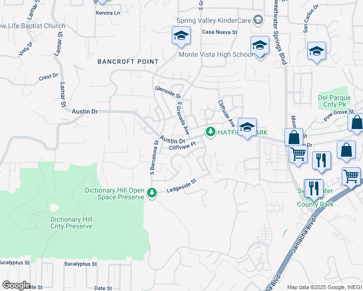 map of restaurants, bars, coffee shops, grocery stores, and more near 9950 Cliffview Place in Spring Valley