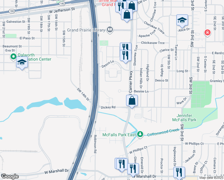 map of restaurants, bars, coffee shops, grocery stores, and more near 1104 South Carrier Parkway in Grand Prairie
