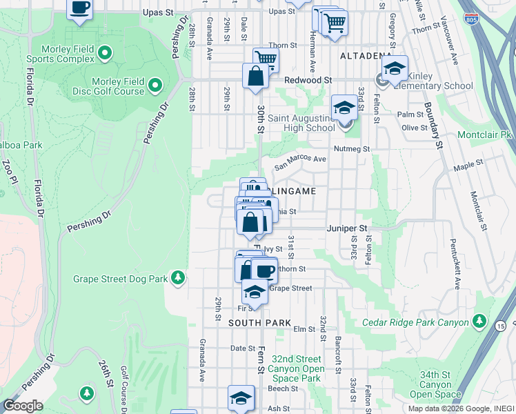 map of restaurants, bars, coffee shops, grocery stores, and more near 30th Street & Kalmia Street in San Diego