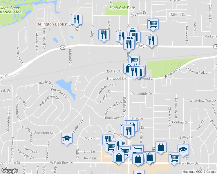map of restaurants, bars, coffee shops, grocery stores, and more near 2700 Norwood Lane in Arlington