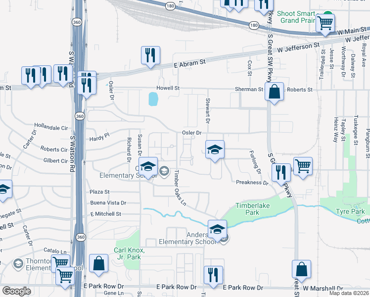 map of restaurants, bars, coffee shops, grocery stores, and more near 2815 Osler Drive in Grand Prairie
