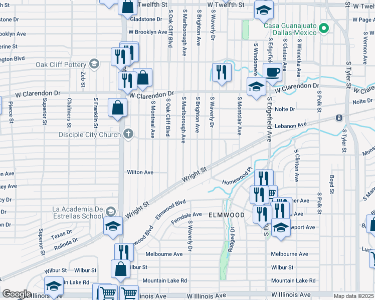 map of restaurants, bars, coffee shops, grocery stores, and more near 1303 South Marlborough Avenue in Dallas