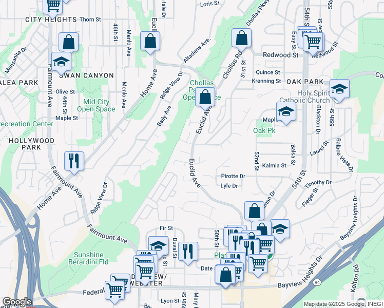 map of restaurants, bars, coffee shops, grocery stores, and more near Euclid Avenue in San Diego