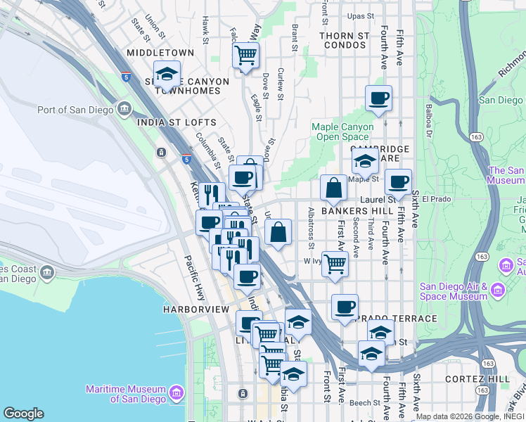 map of restaurants, bars, coffee shops, grocery stores, and more near in San Diego