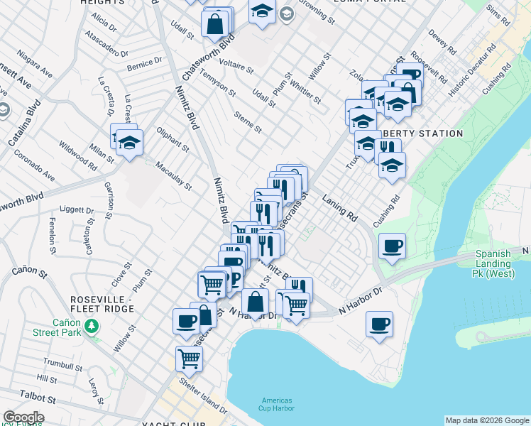 map of restaurants, bars, coffee shops, grocery stores, and more near 1870 Locust Street in San Diego