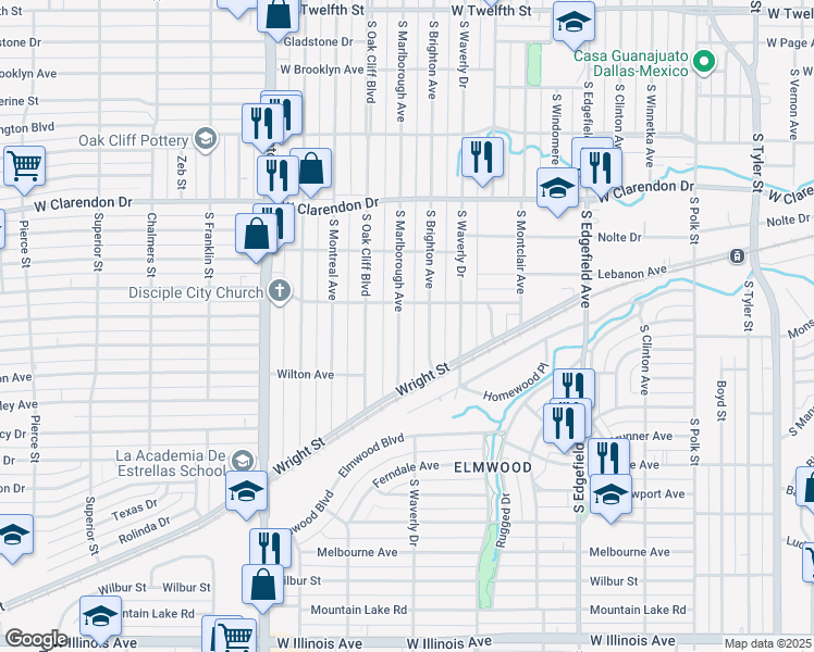 map of restaurants, bars, coffee shops, grocery stores, and more near 1303 South Marlborough Avenue in Dallas