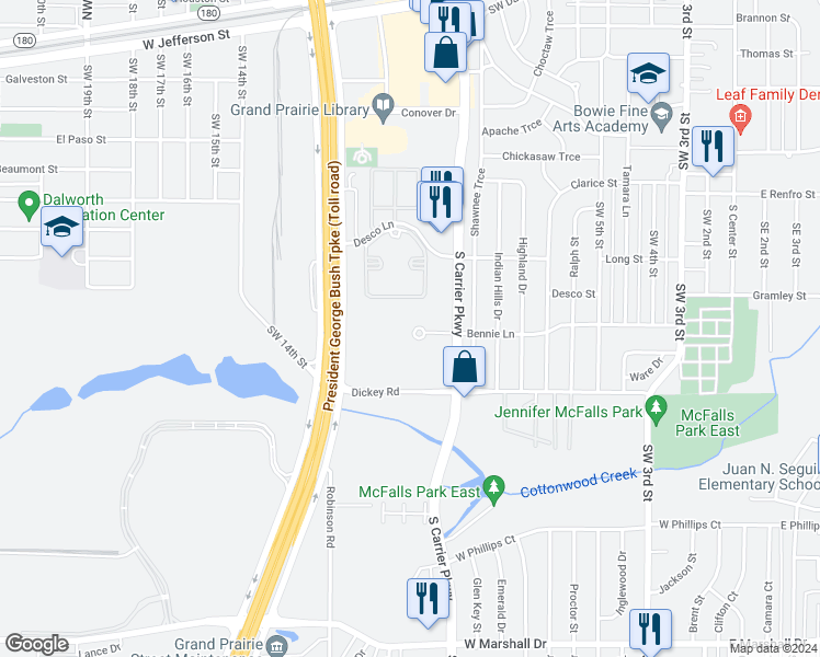 map of restaurants, bars, coffee shops, grocery stores, and more near 1104 South Carrier Parkway in Grand Prairie
