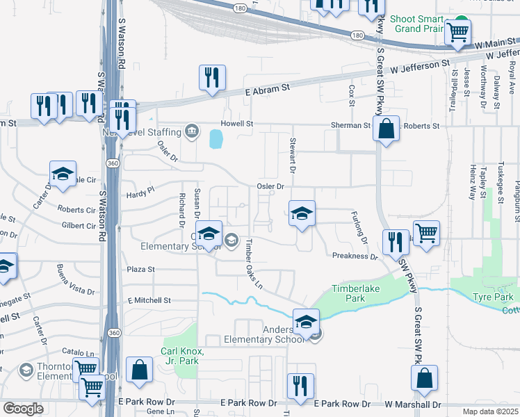 map of restaurants, bars, coffee shops, grocery stores, and more near 2815 Osler Drive in Grand Prairie