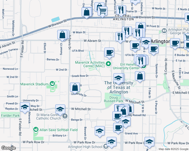 map of restaurants, bars, coffee shops, grocery stores, and more near 909 Greek Row Drive in Arlington