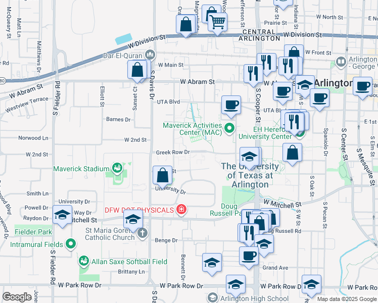 map of restaurants, bars, coffee shops, grocery stores, and more near 1025 Greek Row Drive in Arlington