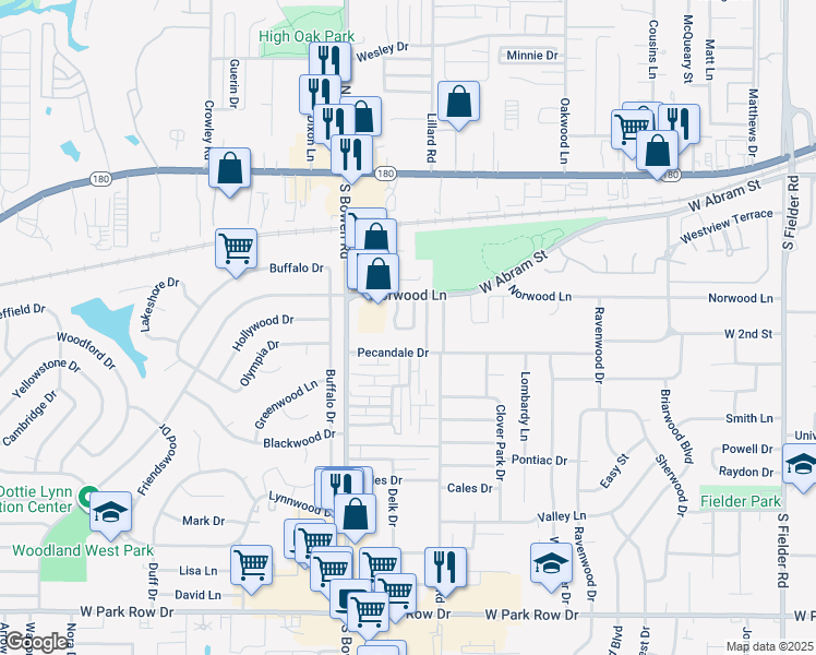 map of restaurants, bars, coffee shops, grocery stores, and more near 507 East Norwood Circle in Arlington