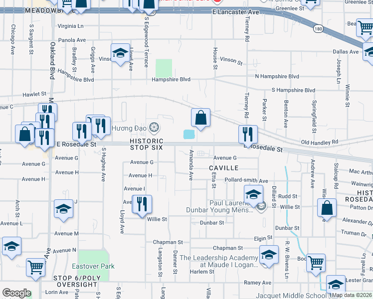 map of restaurants, bars, coffee shops, grocery stores, and more near 4801 East Rosedale Street in Fort Worth