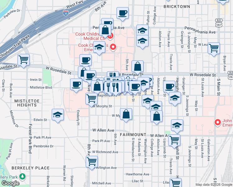 map of restaurants, bars, coffee shops, grocery stores, and more near 1310 West Magnolia Avenue in Fort Worth