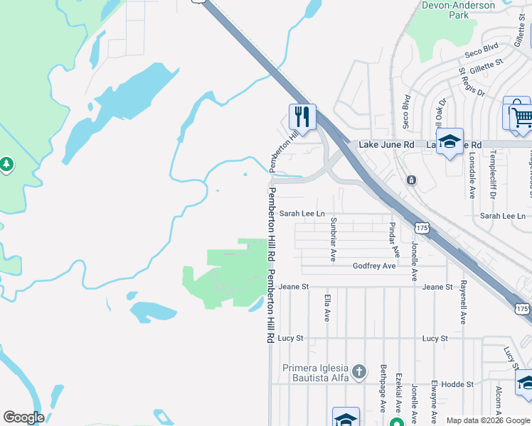 map of restaurants, bars, coffee shops, grocery stores, and more near 1125 Pemberton Hill Road in Dallas