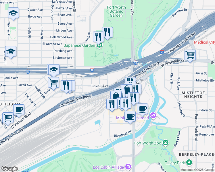 map of restaurants, bars, coffee shops, grocery stores, and more near 2999 Pulido Street in Fort Worth