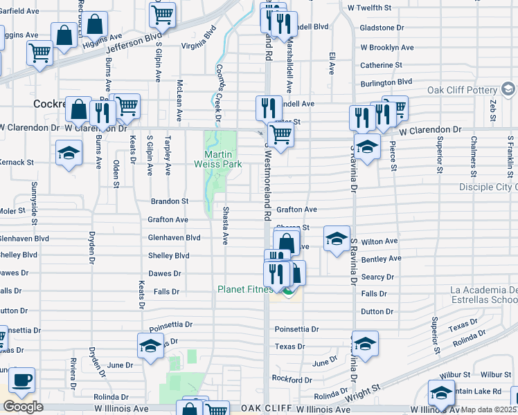 map of restaurants, bars, coffee shops, grocery stores, and more near 1239 South Westmoreland Road in Dallas