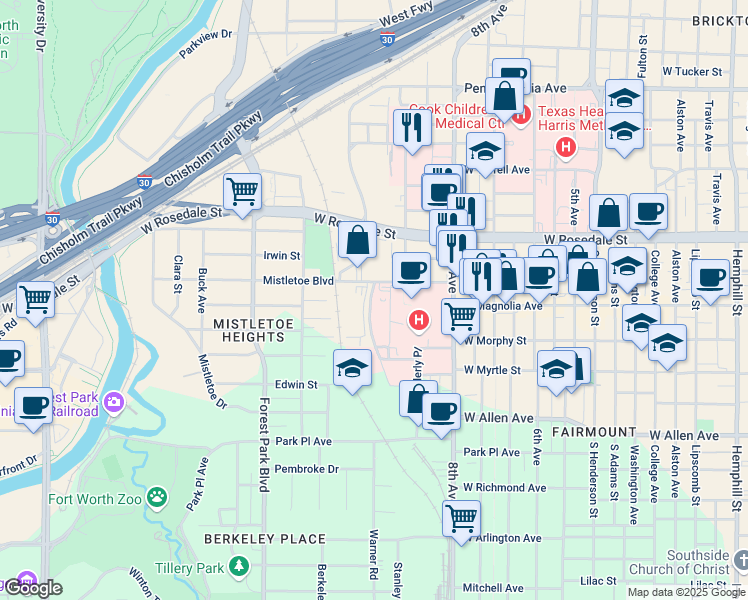 map of restaurants, bars, coffee shops, grocery stores, and more near 1900 Mistletoe Boulevard in Fort Worth