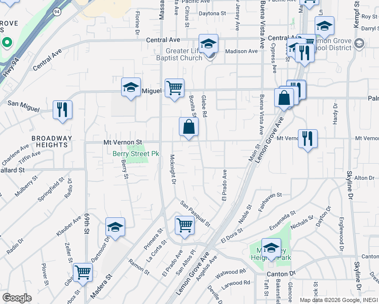 map of restaurants, bars, coffee shops, grocery stores, and more near 7302 Canyon View Lane in Lemon Grove