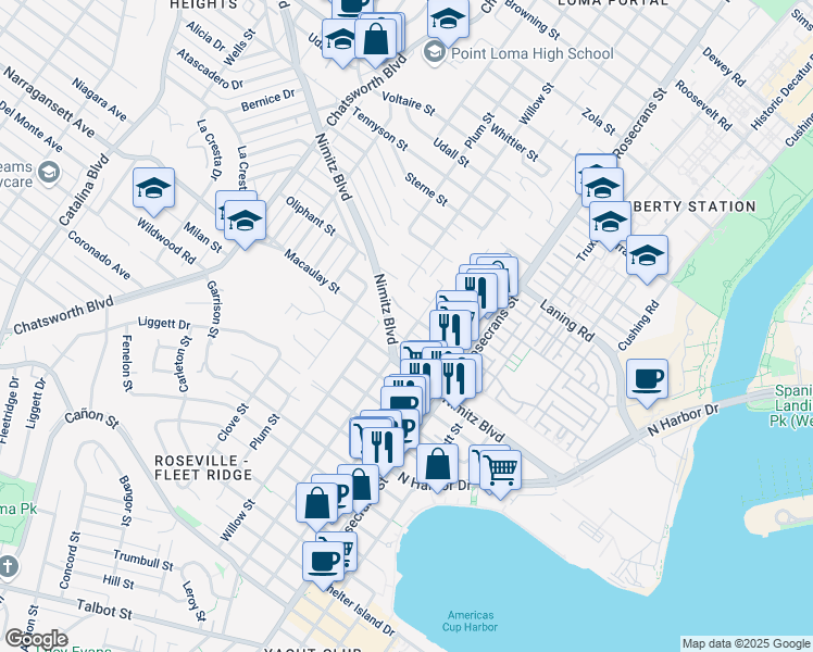 map of restaurants, bars, coffee shops, grocery stores, and more near 3244 Nimitz Boulevard in San Diego