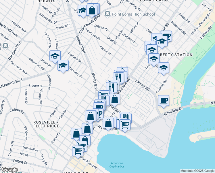 map of restaurants, bars, coffee shops, grocery stores, and more near 3122 Newell Street in San Diego
