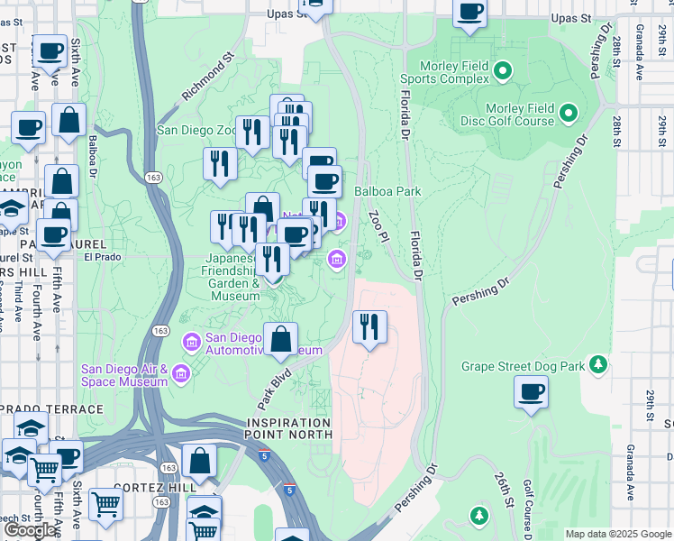 map of restaurants, bars, coffee shops, grocery stores, and more near 1875 El Prado in San Diego