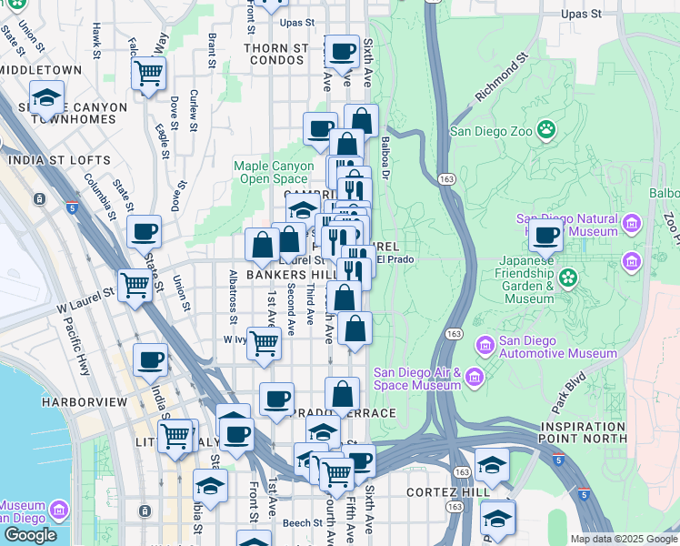 map of restaurants, bars, coffee shops, grocery stores, and more near in San Diego