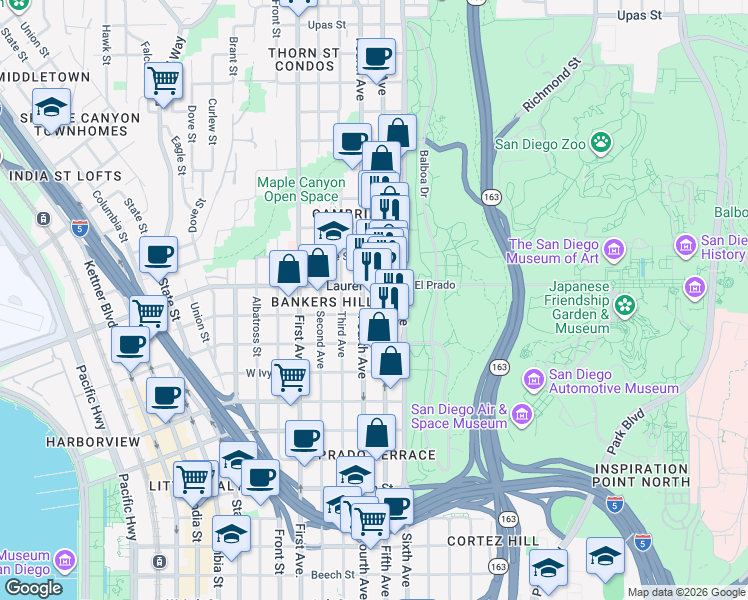 map of restaurants, bars, coffee shops, grocery stores, and more near 2400 Fifth Avenue in San Diego