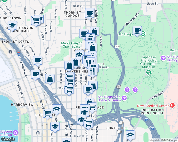 map of restaurants, bars, coffee shops, grocery stores, and more near 2400 Fifth Avenue in San Diego