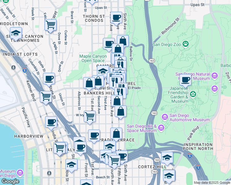 map of restaurants, bars, coffee shops, grocery stores, and more near 2500 Fifth Avenue in San Diego