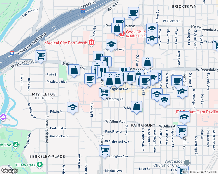 map of restaurants, bars, coffee shops, grocery stores, and more near 1209 Hurley Avenue in Fort Worth