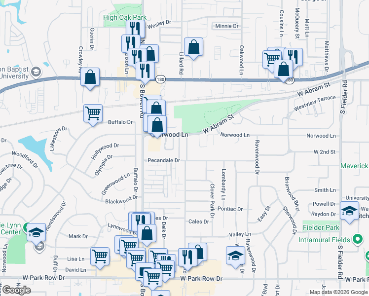map of restaurants, bars, coffee shops, grocery stores, and more near 507 East Norwood Circle in Arlington