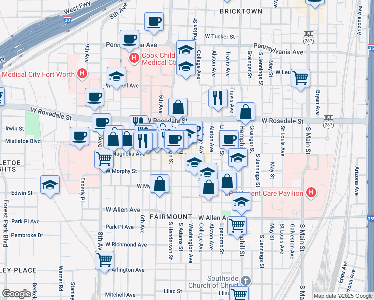 map of restaurants, bars, coffee shops, grocery stores, and more near 1209 South Adams Street in Fort Worth