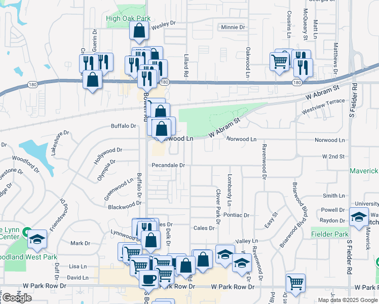 map of restaurants, bars, coffee shops, grocery stores, and more near 507 East Norwood Circle in Arlington