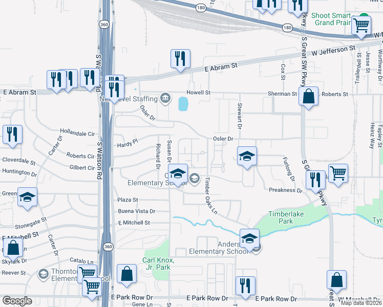 map of restaurants, bars, coffee shops, grocery stores, and more near 605 Susan Drive in Arlington