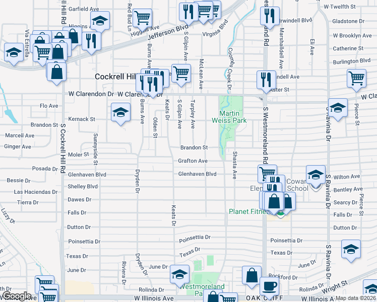 map of restaurants, bars, coffee shops, grocery stores, and more near 3627 Brandon Street in Dallas