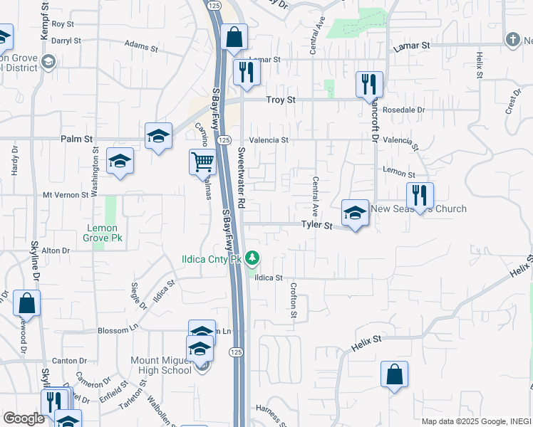 map of restaurants, bars, coffee shops, grocery stores, and more near 8646 Tyler Street in Spring Valley